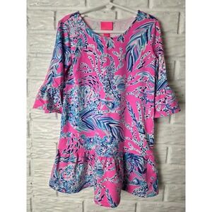 Lilly Pulitzer Girls size Medium 6-7 dress Ruffle Blue Pink 3/4 sleeve